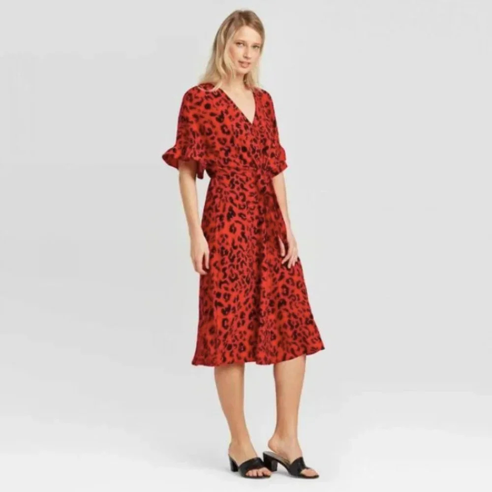 EUC Who What Wear Red Animal Print Flutter Elbow Sleeve Tie Waist Dress Sz Small